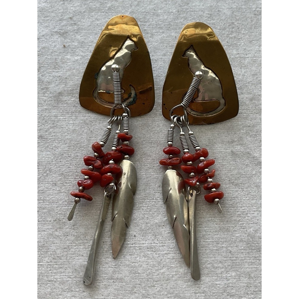 RAM Solid Brass & Sterling Silver Southwestern Dangle Earrings Vintage Estate